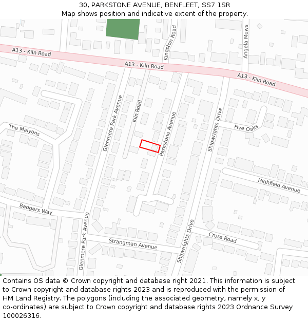 30, PARKSTONE AVENUE, BENFLEET, SS7 1SR: Location map and indicative extent of plot