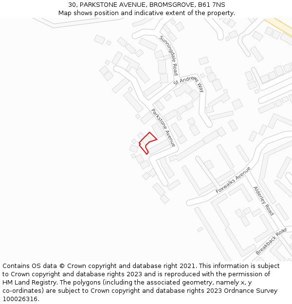 30, PARKSTONE AVENUE, BROMSGROVE, B61 7NS: Location map and indicative extent of plot