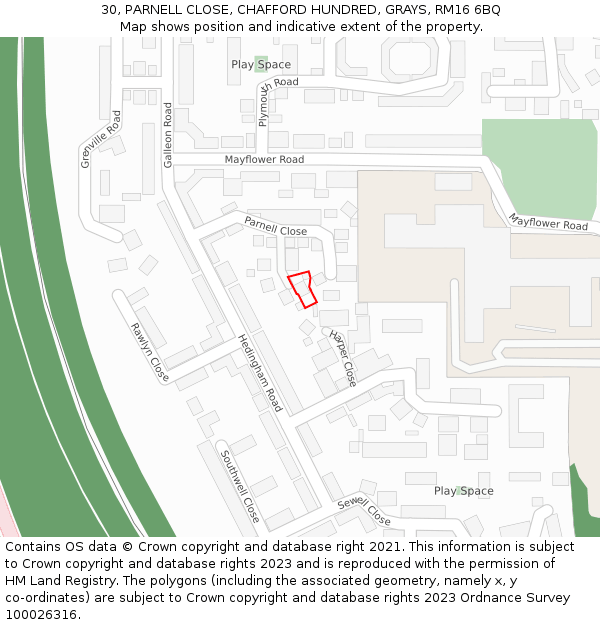 30, PARNELL CLOSE, CHAFFORD HUNDRED, GRAYS, RM16 6BQ: Location map and indicative extent of plot