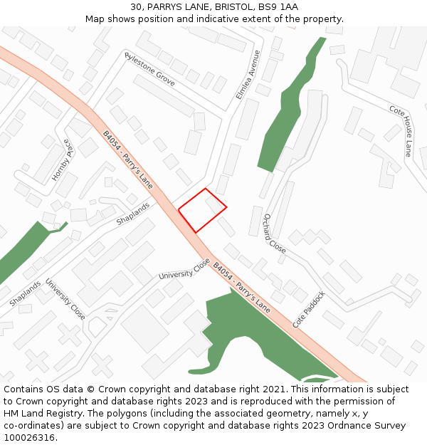 30, PARRYS LANE, BRISTOL, BS9 1AA: Location map and indicative extent of plot
