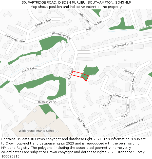 30, PARTRIDGE ROAD, DIBDEN PURLIEU, SOUTHAMPTON, SO45 4LP: Location map and indicative extent of plot