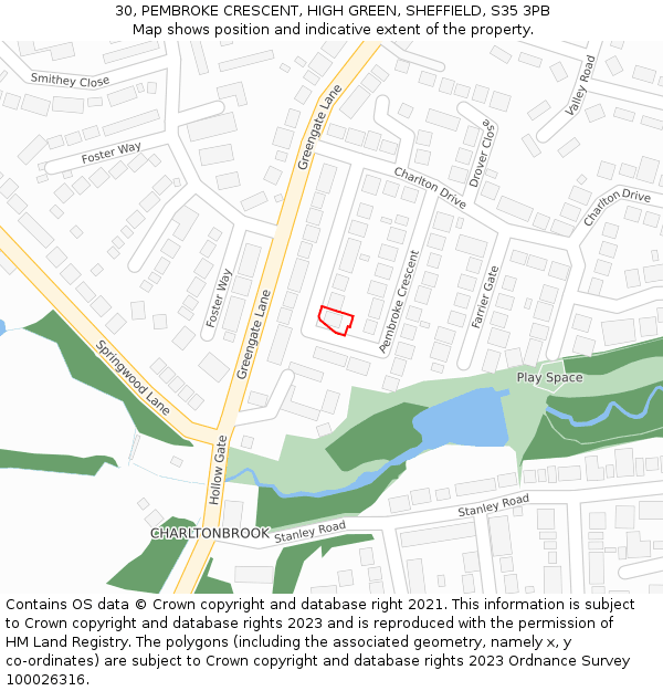 30, PEMBROKE CRESCENT, HIGH GREEN, SHEFFIELD, S35 3PB: Location map and indicative extent of plot
