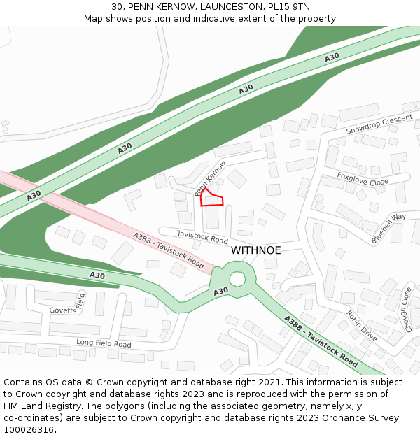 30, PENN KERNOW, LAUNCESTON, PL15 9TN: Location map and indicative extent of plot