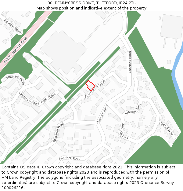 30, PENNYCRESS DRIVE, THETFORD, IP24 2TU: Location map and indicative extent of plot