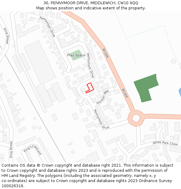 30, PENNYMOOR DRIVE, MIDDLEWICH, CW10 9QQ: Location map and indicative extent of plot