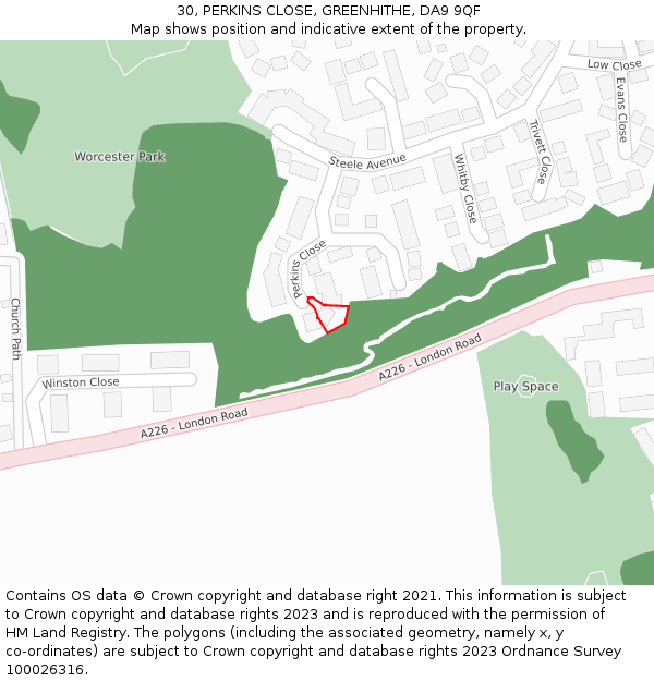 30, PERKINS CLOSE, GREENHITHE, DA9 9QF: Location map and indicative extent of plot