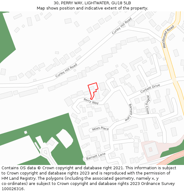 30, PERRY WAY, LIGHTWATER, GU18 5LB: Location map and indicative extent of plot