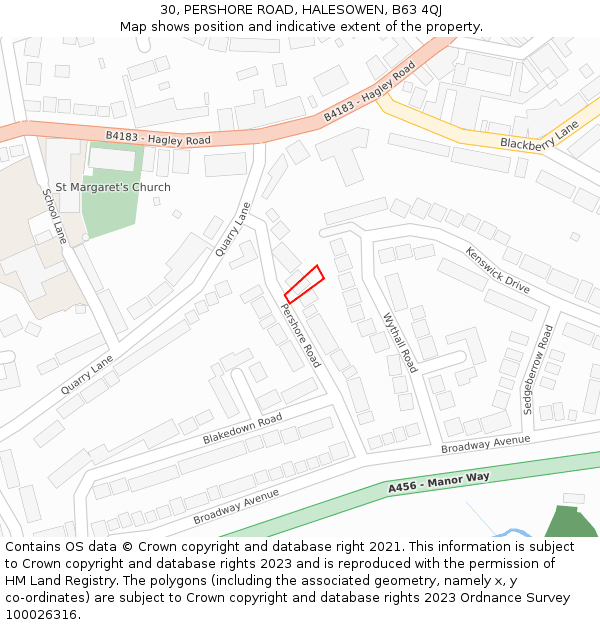 30, PERSHORE ROAD, HALESOWEN, B63 4QJ: Location map and indicative extent of plot