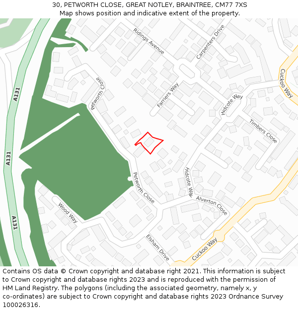 30, PETWORTH CLOSE, GREAT NOTLEY, BRAINTREE, CM77 7XS: Location map and indicative extent of plot