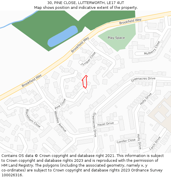30, PINE CLOSE, LUTTERWORTH, LE17 4UT: Location map and indicative extent of plot