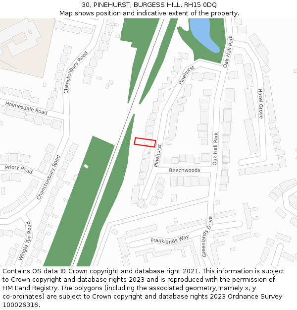 30, PINEHURST, BURGESS HILL, RH15 0DQ: Location map and indicative extent of plot