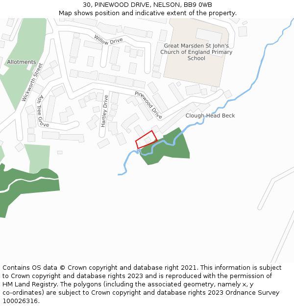 30, PINEWOOD DRIVE, NELSON, BB9 0WB: Location map and indicative extent of plot