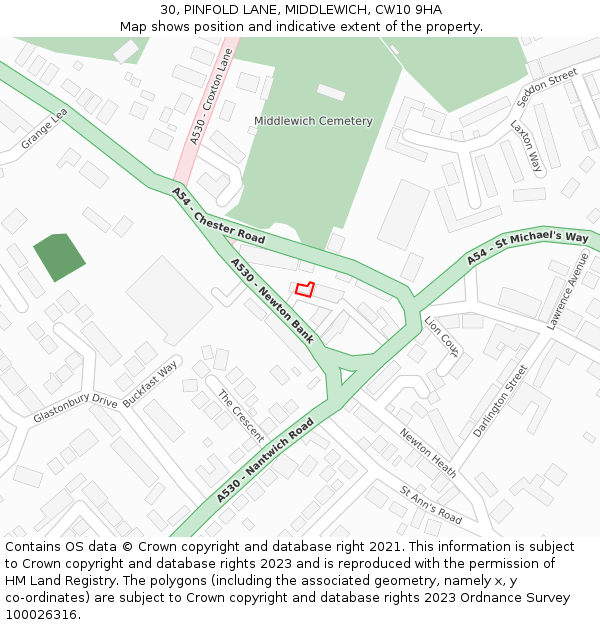 30, PINFOLD LANE, MIDDLEWICH, CW10 9HA: Location map and indicative extent of plot