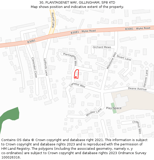 30, PLANTAGENET WAY, GILLINGHAM, SP8 4TD: Location map and indicative extent of plot