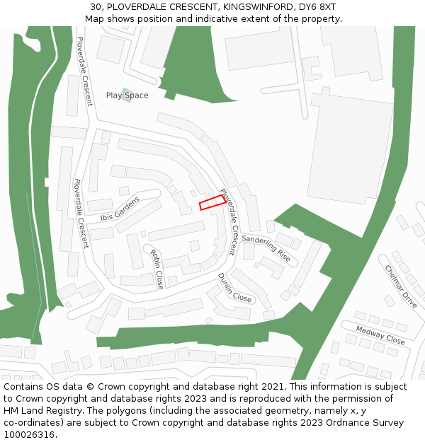 30, PLOVERDALE CRESCENT, KINGSWINFORD, DY6 8XT: Location map and indicative extent of plot