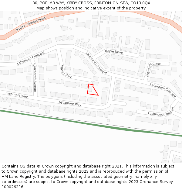 30, POPLAR WAY, KIRBY CROSS, FRINTON-ON-SEA, CO13 0QX: Location map and indicative extent of plot