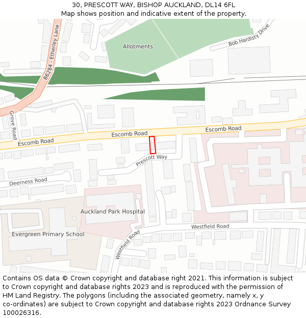 30, PRESCOTT WAY, BISHOP AUCKLAND, DL14 6FL: Location map and indicative extent of plot