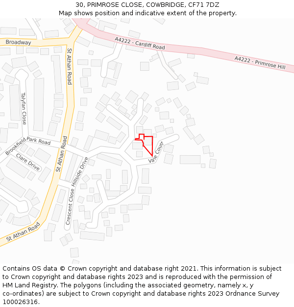 30, PRIMROSE CLOSE, COWBRIDGE, CF71 7DZ: Location map and indicative extent of plot