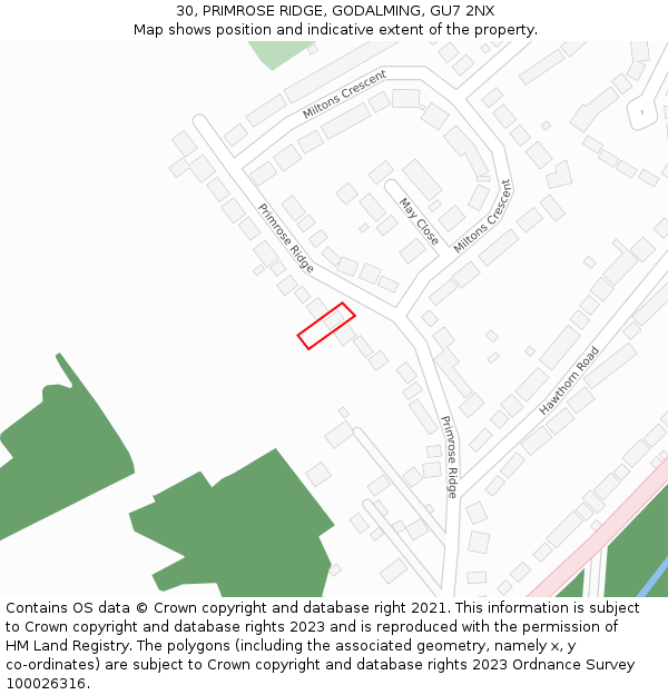 30, PRIMROSE RIDGE, GODALMING, GU7 2NX: Location map and indicative extent of plot