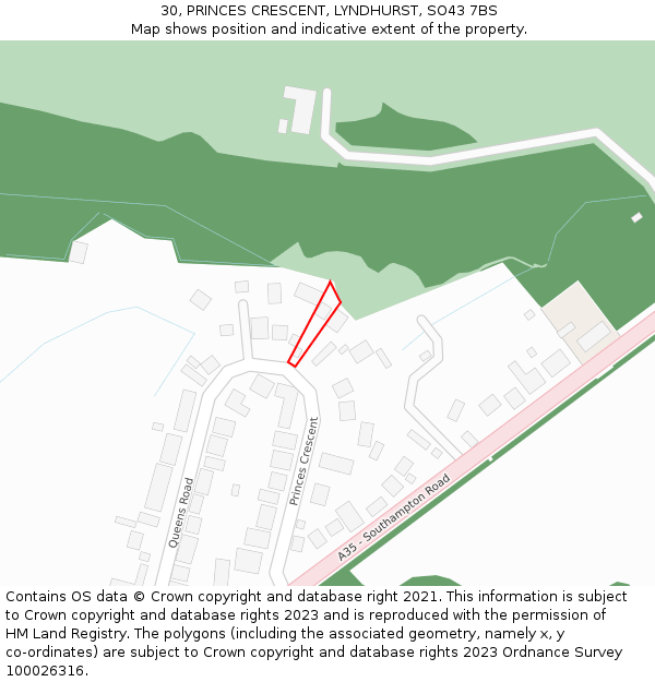 30, PRINCES CRESCENT, LYNDHURST, SO43 7BS: Location map and indicative extent of plot