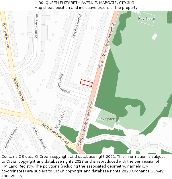 30, QUEEN ELIZABETH AVENUE, MARGATE, CT9 3LG: Location map and indicative extent of plot