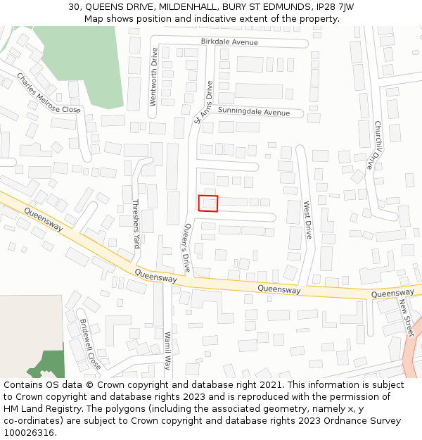 30, QUEENS DRIVE, MILDENHALL, BURY ST EDMUNDS, IP28 7JW: Location map and indicative extent of plot