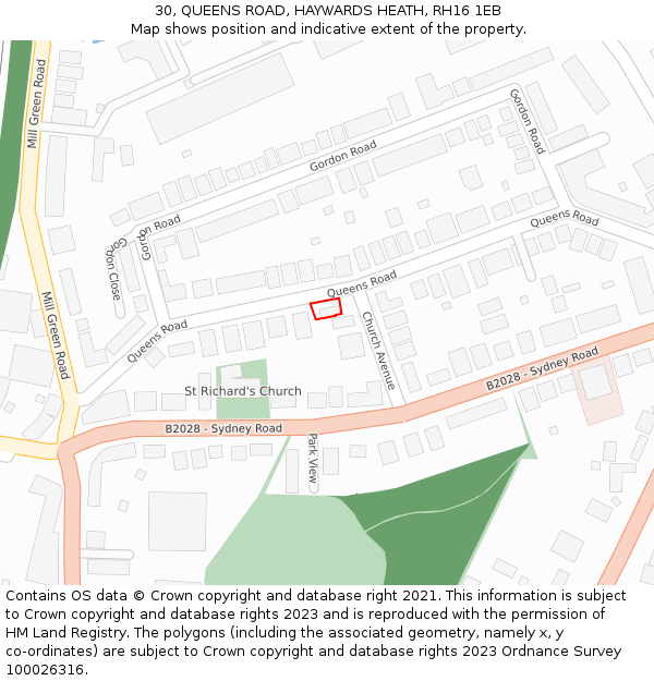 30, QUEENS ROAD, HAYWARDS HEATH, RH16 1EB: Location map and indicative extent of plot