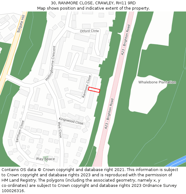 30, RANMORE CLOSE, CRAWLEY, RH11 9RD: Location map and indicative extent of plot