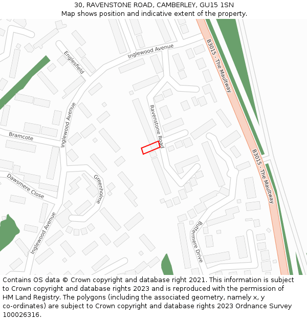 30, RAVENSTONE ROAD, CAMBERLEY, GU15 1SN: Location map and indicative extent of plot