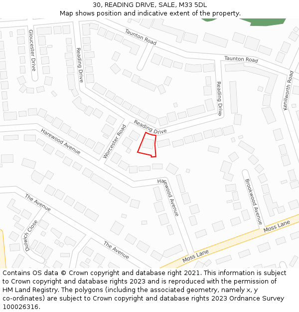 30, READING DRIVE, SALE, M33 5DL: Location map and indicative extent of plot