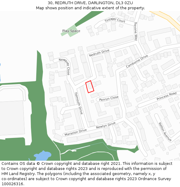 30, REDRUTH DRIVE, DARLINGTON, DL3 0ZU: Location map and indicative extent of plot
