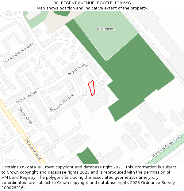 30, REGENT AVENUE, BOOTLE, L30 6YG: Location map and indicative extent of plot