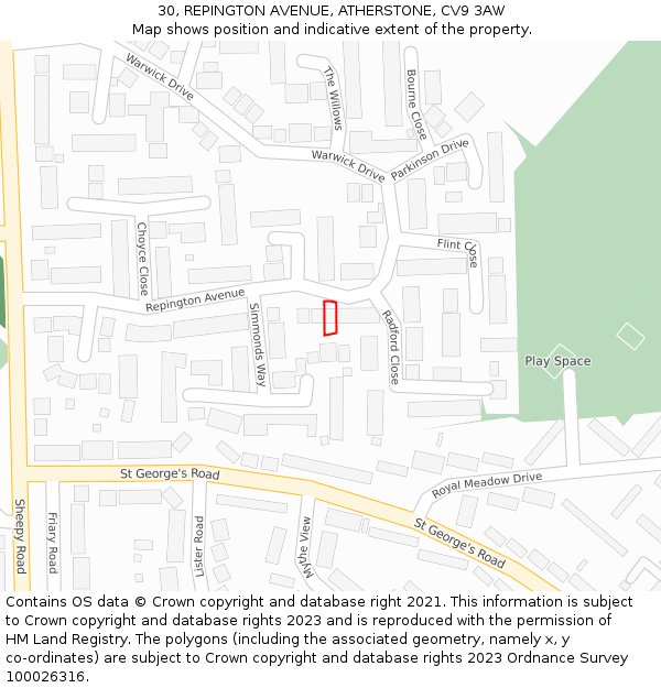 30, REPINGTON AVENUE, ATHERSTONE, CV9 3AW: Location map and indicative extent of plot