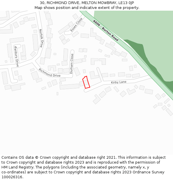 30, RICHMOND DRIVE, MELTON MOWBRAY, LE13 0JP: Location map and indicative extent of plot