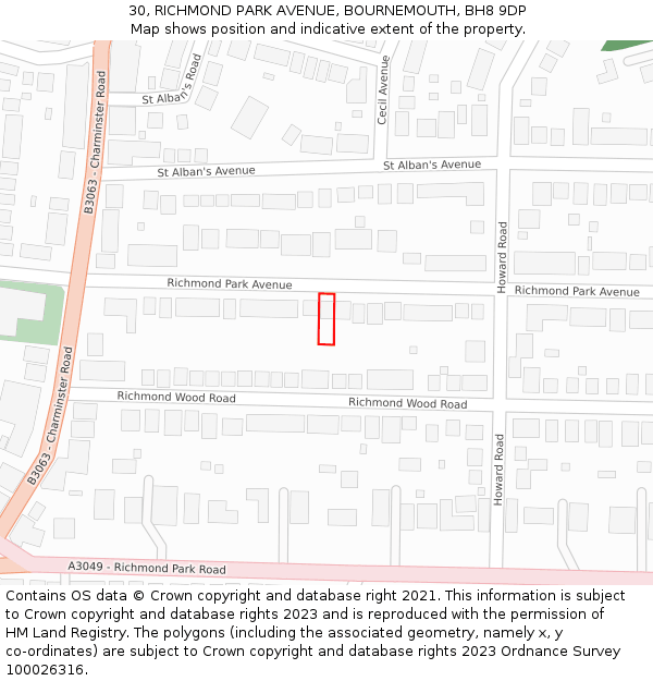 30, RICHMOND PARK AVENUE, BOURNEMOUTH, BH8 9DP: Location map and indicative extent of plot