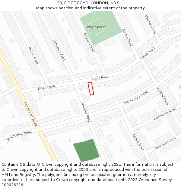 30, RIDGE ROAD, LONDON, N8 9LH: Location map and indicative extent of plot