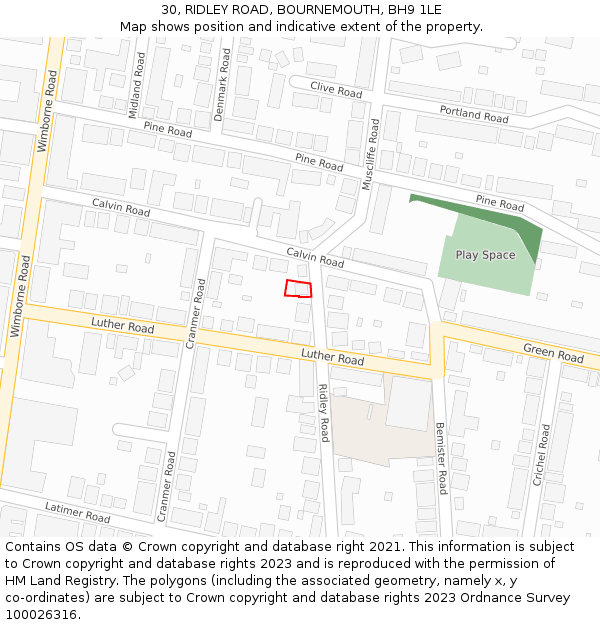 30, RIDLEY ROAD, BOURNEMOUTH, BH9 1LE: Location map and indicative extent of plot