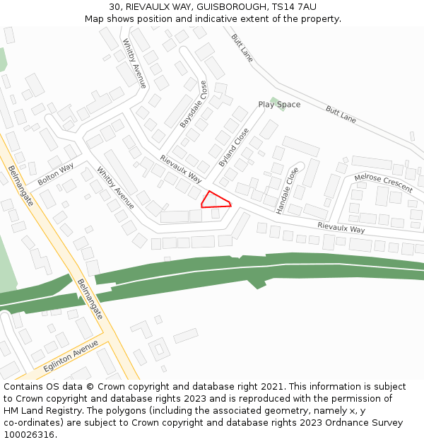 30, RIEVAULX WAY, GUISBOROUGH, TS14 7AU: Location map and indicative extent of plot