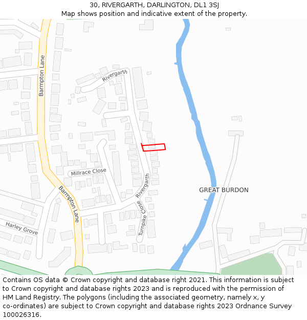 30, RIVERGARTH, DARLINGTON, DL1 3SJ: Location map and indicative extent of plot