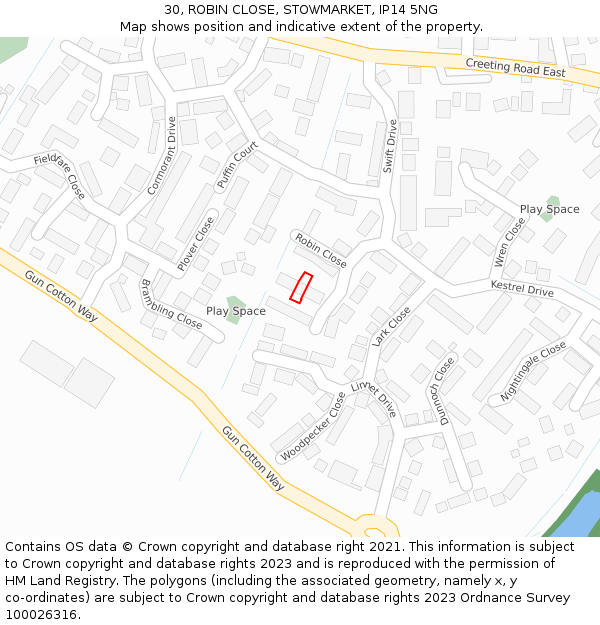 30, ROBIN CLOSE, STOWMARKET, IP14 5NG: Location map and indicative extent of plot