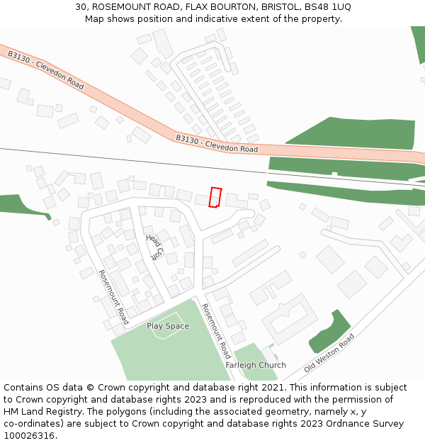 30, ROSEMOUNT ROAD, FLAX BOURTON, BRISTOL, BS48 1UQ: Location map and indicative extent of plot