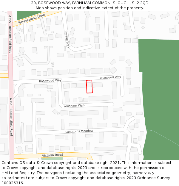 30, ROSEWOOD WAY, FARNHAM COMMON, SLOUGH, SL2 3QD: Location map and indicative extent of plot