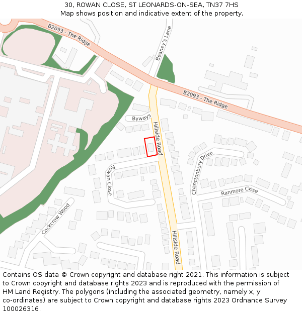 30, ROWAN CLOSE, ST LEONARDS-ON-SEA, TN37 7HS: Location map and indicative extent of plot