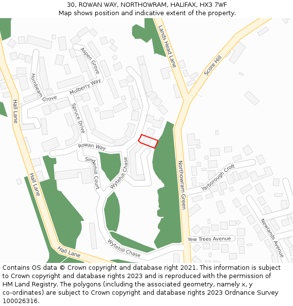 30, ROWAN WAY, NORTHOWRAM, HALIFAX, HX3 7WF: Location map and indicative extent of plot