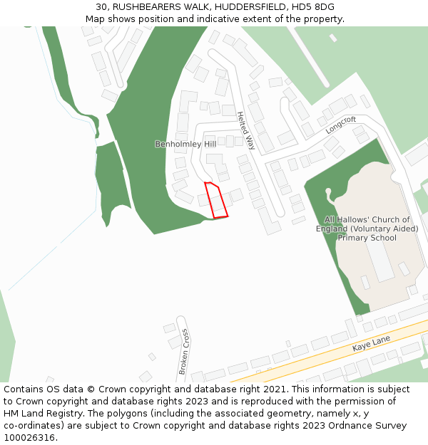 30, RUSHBEARERS WALK, HUDDERSFIELD, HD5 8DG: Location map and indicative extent of plot