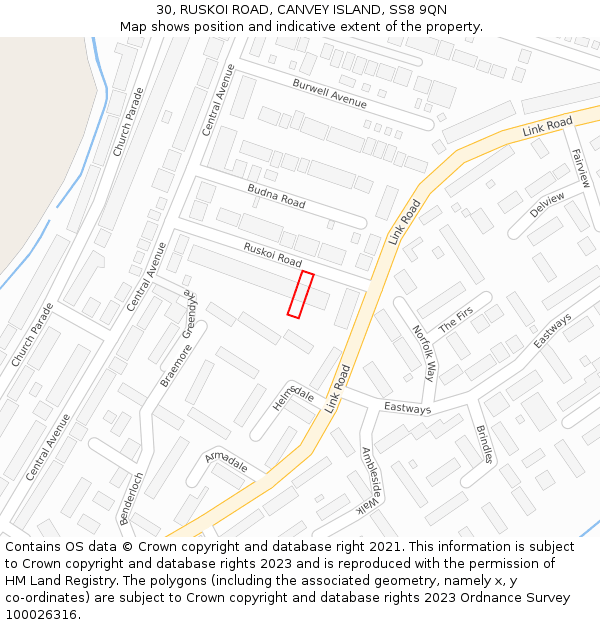 30, RUSKOI ROAD, CANVEY ISLAND, SS8 9QN: Location map and indicative extent of plot