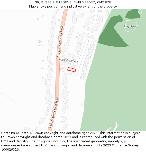 30, RUSSELL GARDENS, CHELMSFORD, CM2 8DB: Location map and indicative extent of plot