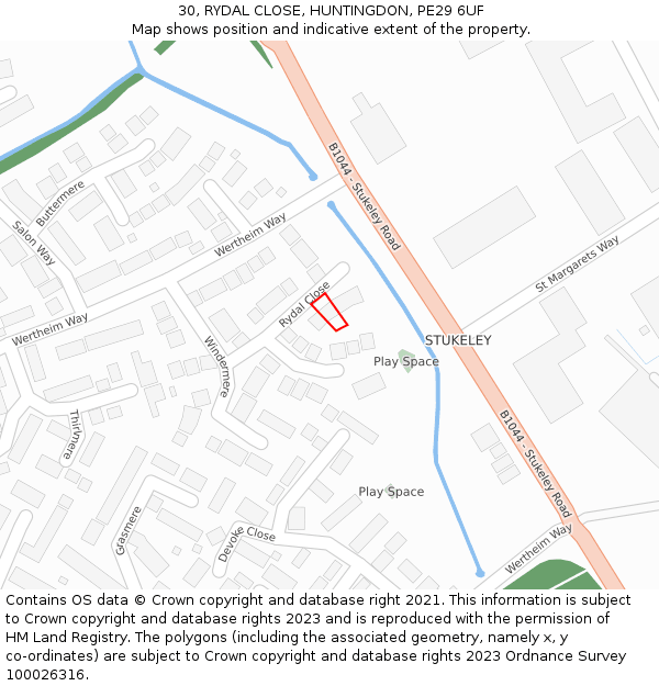 30, RYDAL CLOSE, HUNTINGDON, PE29 6UF: Location map and indicative extent of plot