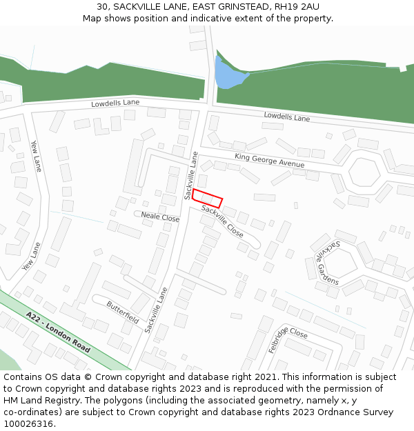 30, SACKVILLE LANE, EAST GRINSTEAD, RH19 2AU: Location map and indicative extent of plot