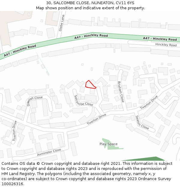 30, SALCOMBE CLOSE, NUNEATON, CV11 6YS: Location map and indicative extent of plot